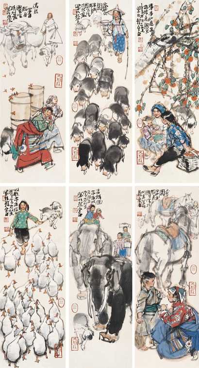 史国良 甲申（2004年）作   六顺图（六幅） 镜心